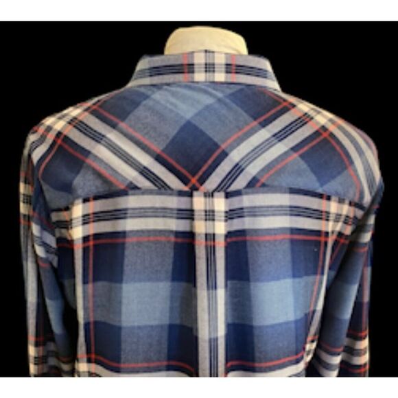 Dylan Plaid Button Front Blouse Fringe Hem Roll Up Sleeves Sz. L Packable - Picture 10 of 16